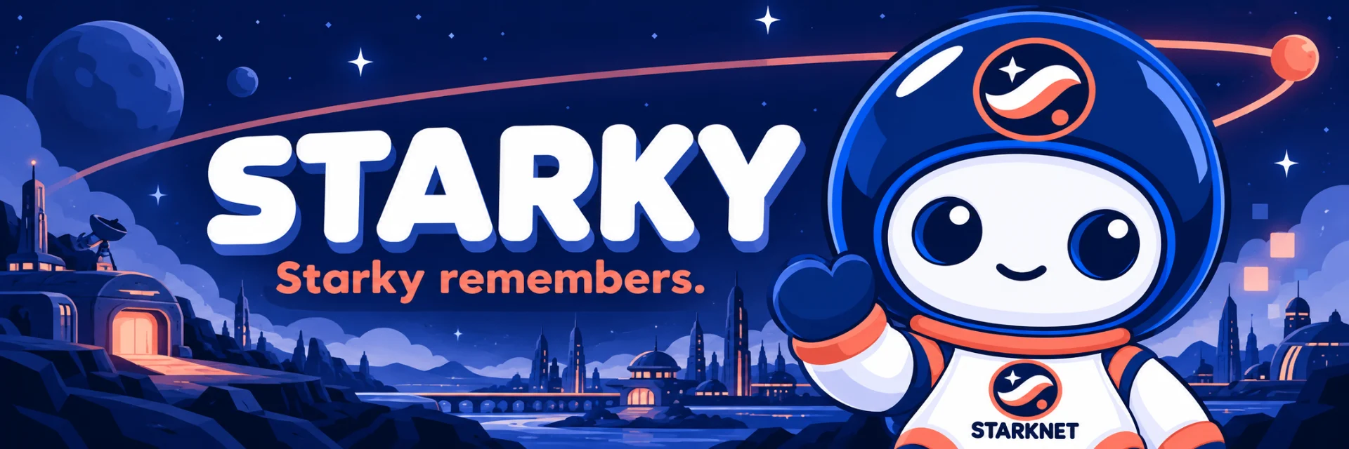 Starky waving over a night city, with the words Starky remembers