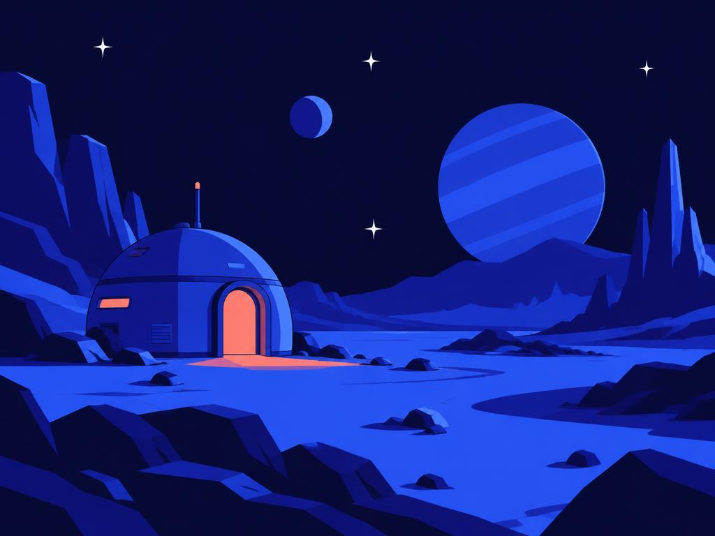 A small warm-lit workshop in a vast blue landscape