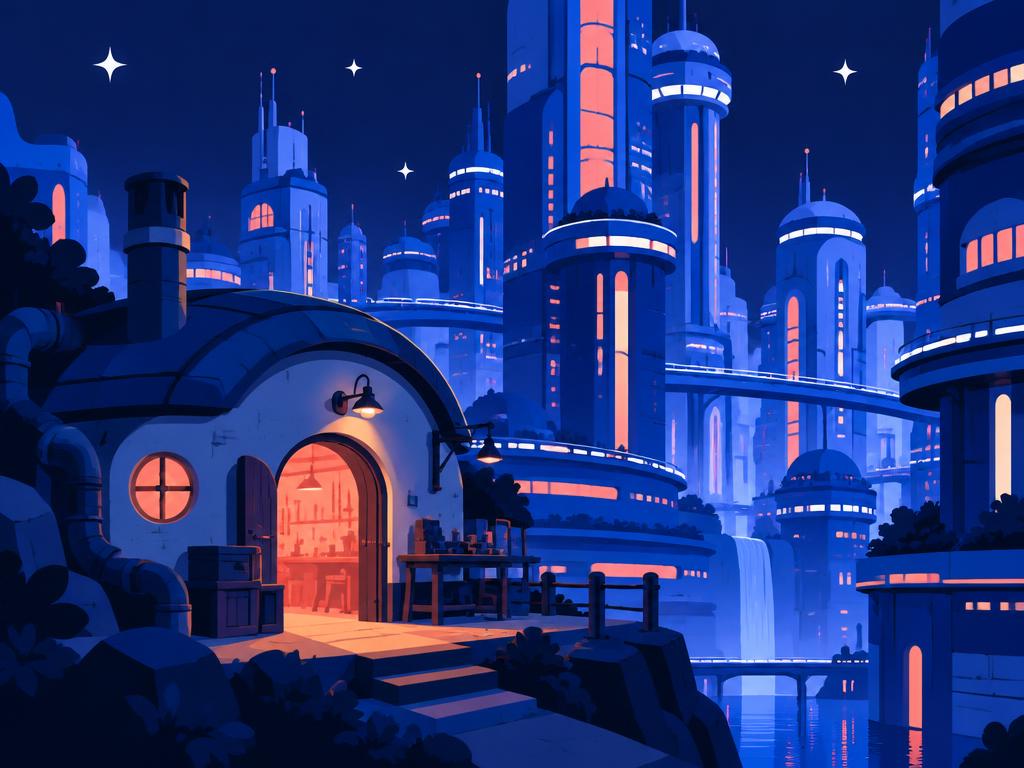 The original workshop surrounded by a growing futuristic city