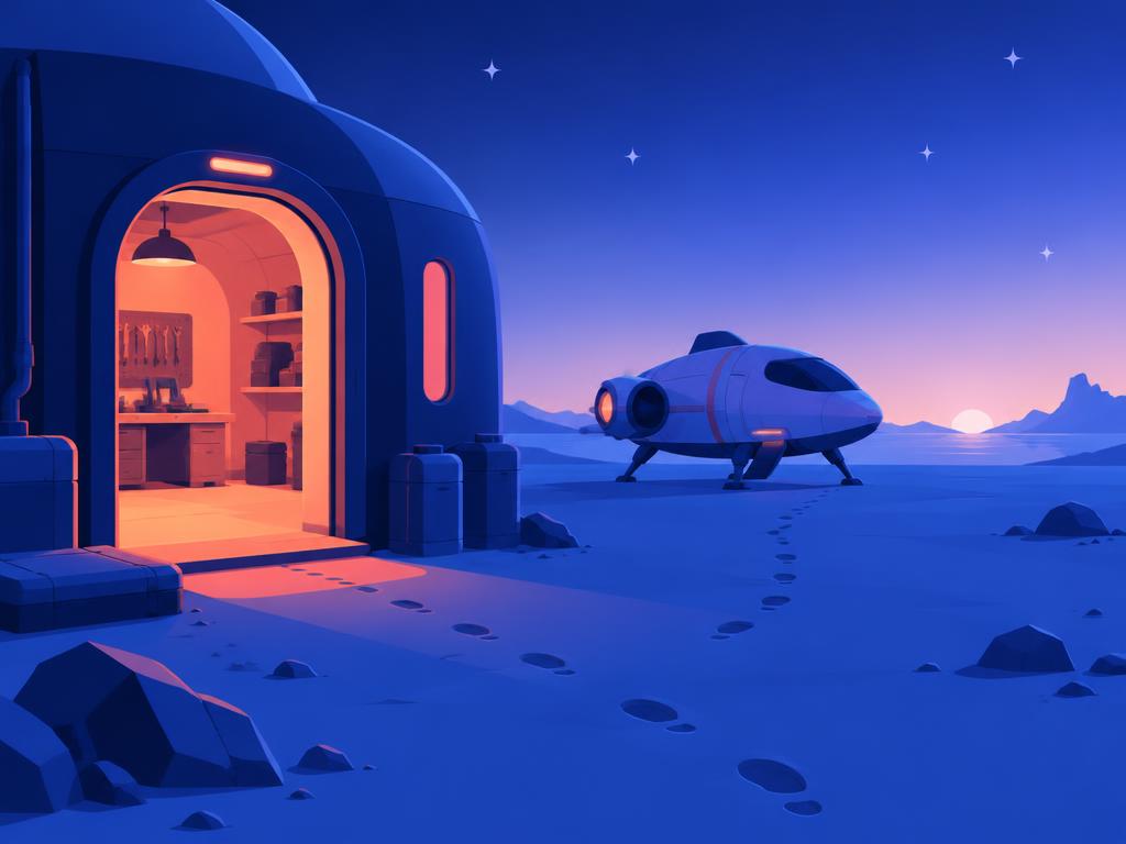 An illuminated doorway with a landed ship and footprints
